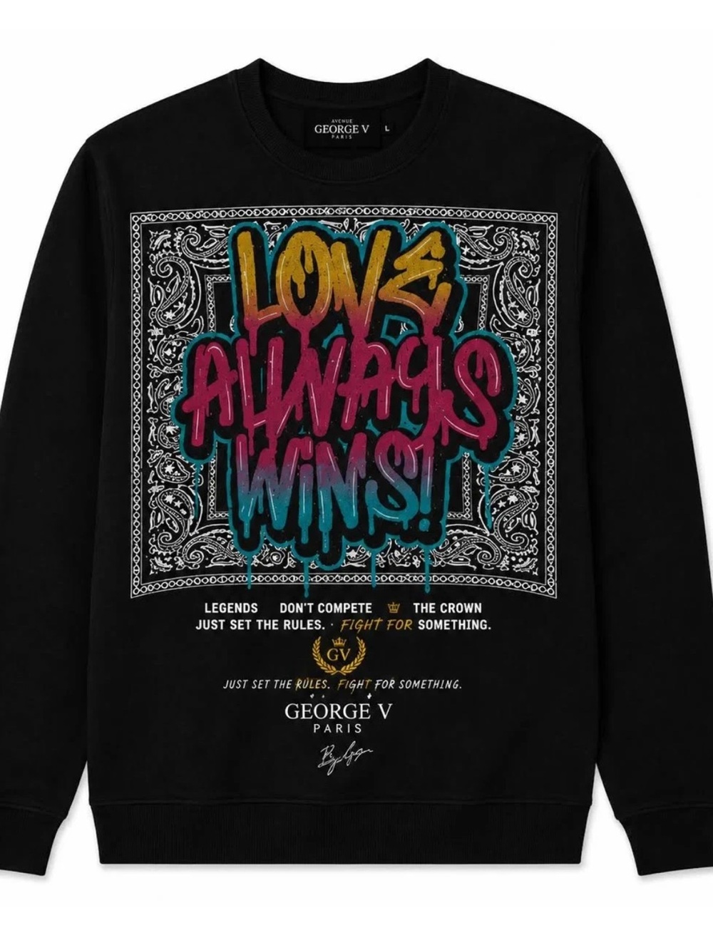 Avenue George V Paris Men's Black sweatshirt 'Love Always Wins' Graphic Sweater